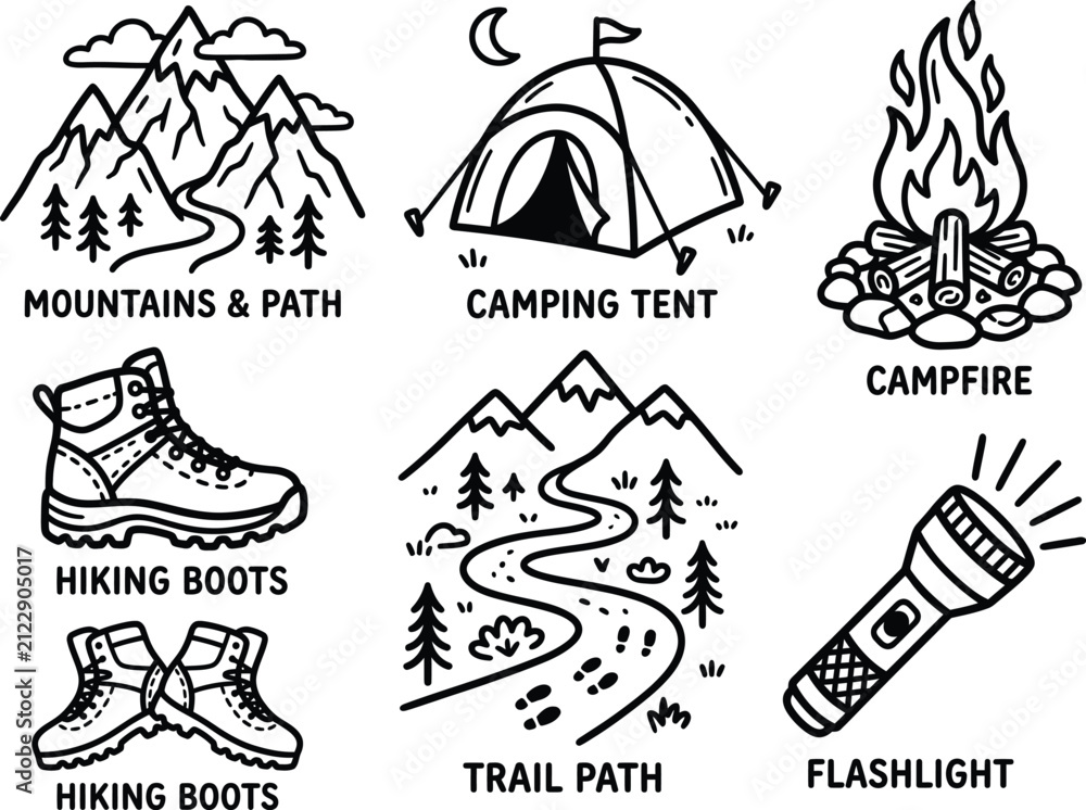 Fototapeta premium Camping icons set, outdoor adventure line doodles, hiking gear, tent, campfire, mountains, trail path, boots, flashlight, vector outline