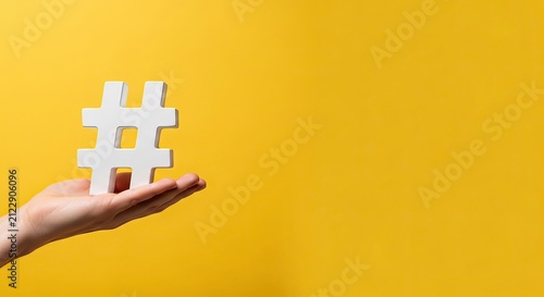 Hand holding a white wooden hashtag symbol against a bright yellow background for social media marketing concepts