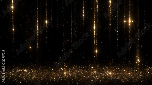 Abstract gold glitter falling against a deep black background. This luxury festive backdrop is perfect for Christmas celebrations and elegant event design themes.