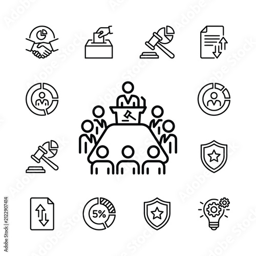 Business Meeting Icons: Handshake, Voting, Gavel, Report, Chart, Shield, Idea Bulb - Vector Set