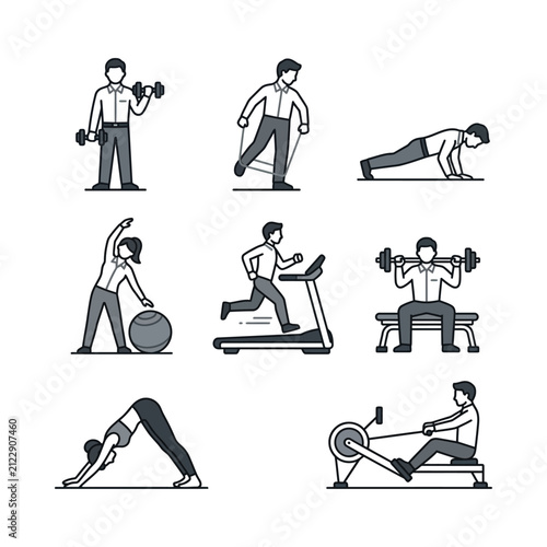 Business People Exercising: Weightlifting, Running, Yoga, Rowing, Fitness Icons Set