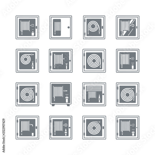 Fire Hose Reel Cabinet Icons Set, Fire Safety Equipment, Vector Graphics, Transparent Background