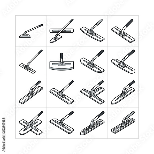 Set of Mop Heads and Handles: Various Cleaning Tools and Equipment Icons