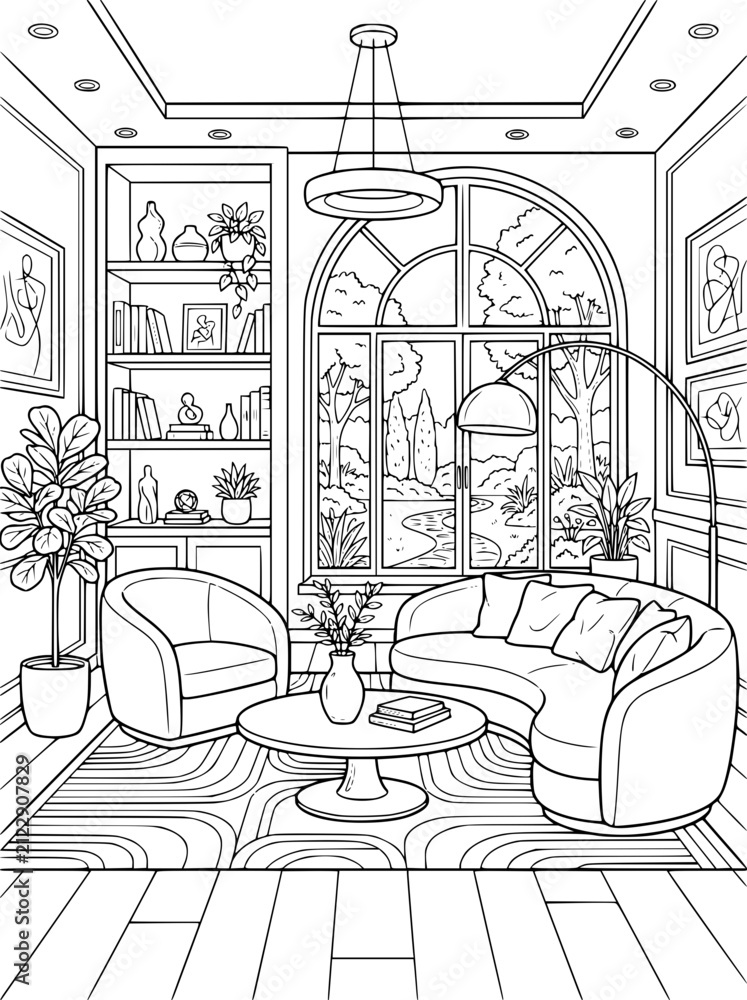 Fototapeta premium modern living room interior with arched window coloring page for adults