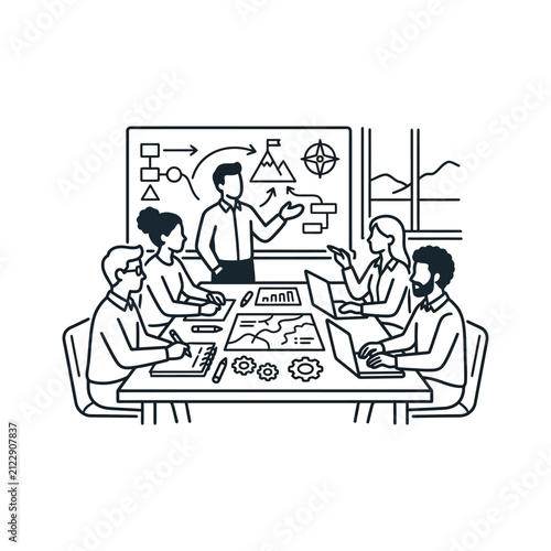 Business Meeting: Team Collaborating on Strategy, Planning, and Goals with Flowchart on Whiteboard