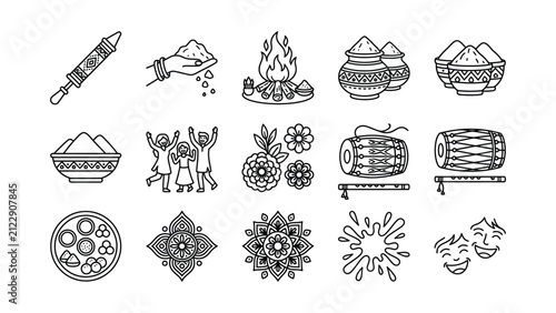 Holi Festival Icon Set: Pichkari, Colors, Bonfire, Pots, Dhol, Flute, Rangoli, Splash - Vector Graphics