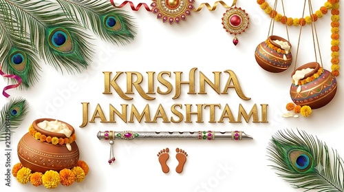 Krishna Janmashtami poster greeting card design. Krishna Birthday Traditional Indian festival Janmashtami background with flute.