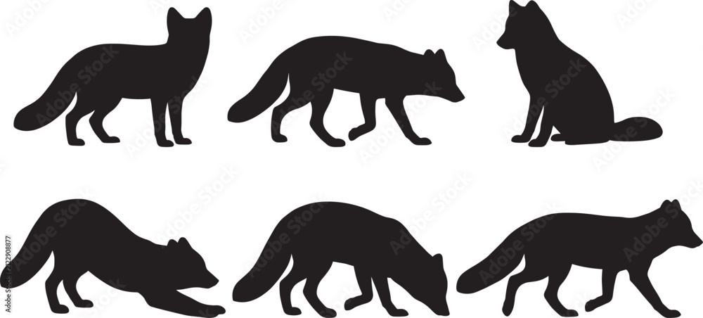 Fototapeta premium Fox Silhouette Collection with Standing Walking Sitting Hunting and Playful Animal Poses Vector SetFox Silhouette Collection with Standing Walking Sitting Hunting and Playful Animal Poses Vector Set