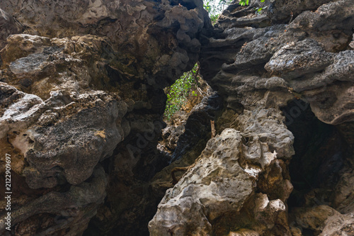 Fotografie Detailed closeup of weathered limestone karst rocks in the Rammang-Rammang lands