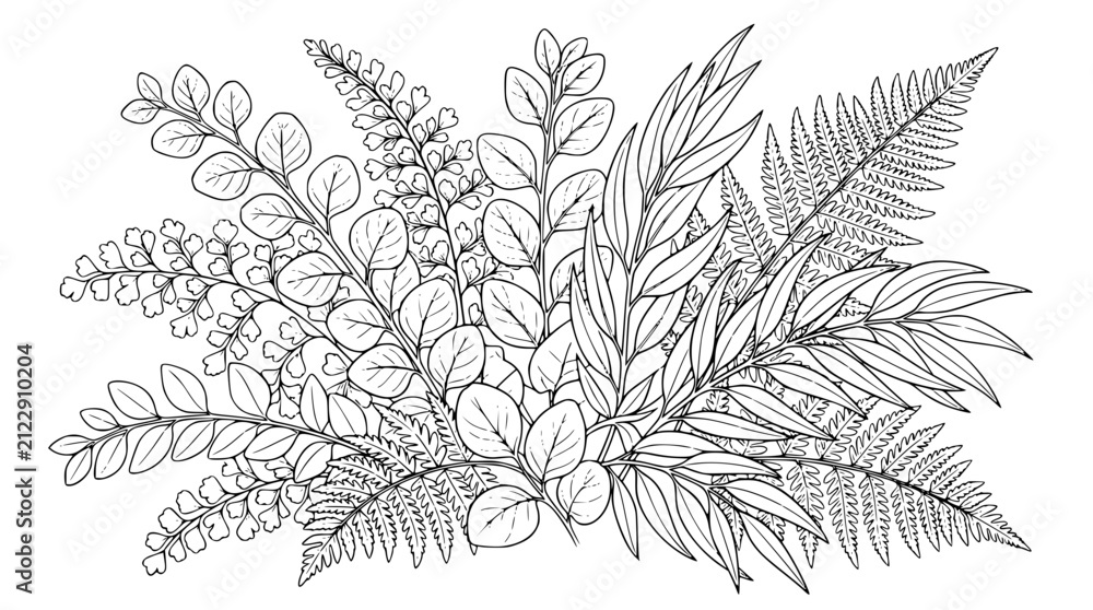 Fototapeta premium Botanical Fern and Eucalyptus Leaves Line Art Bouquet Coloring Page