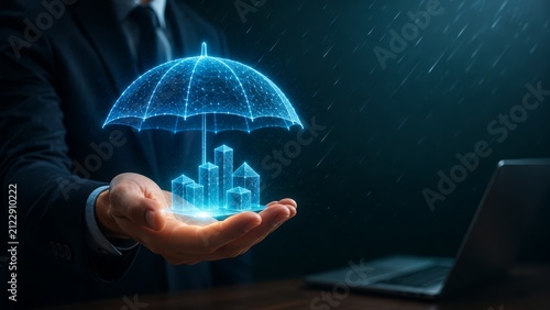 Person holding holographic umbrella over glowing digital city skyline in rain, symbolizing data protection, cybersecurity and insurance protecting urban infrastructure and assets.