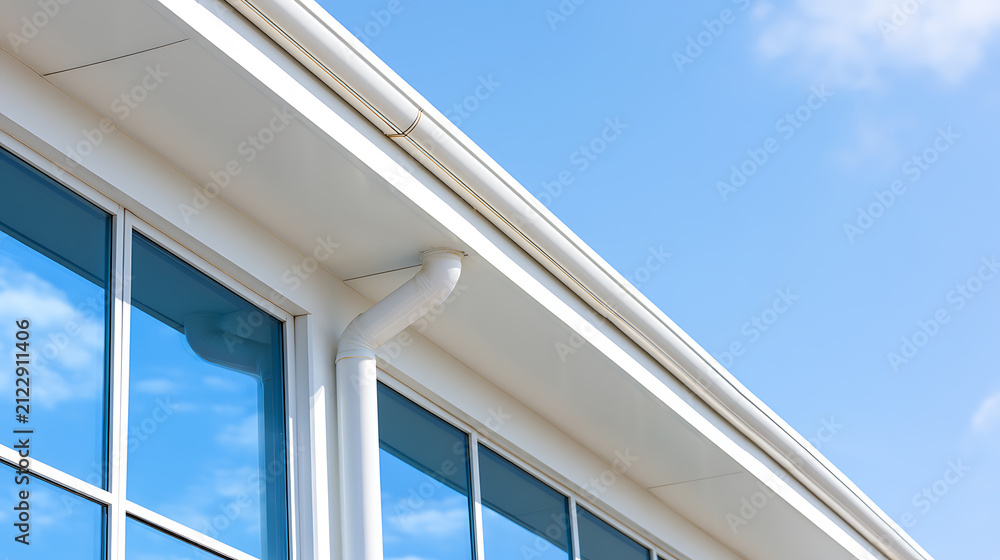 Fototapeta premium Modern Building Exterior with White Gutter System and Reflective Windows against a Bright Blue Sky with Sparse Clouds on a Sunny Day