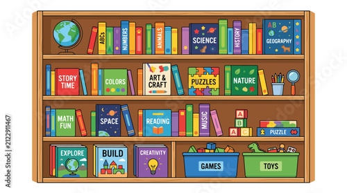 Colorful Children's Bookshelf Vector Illustration. Wooden Library Rack with Kids Books, Science, Art, and Toys. Library Shelf Organization and Education Lifestyle Concept.