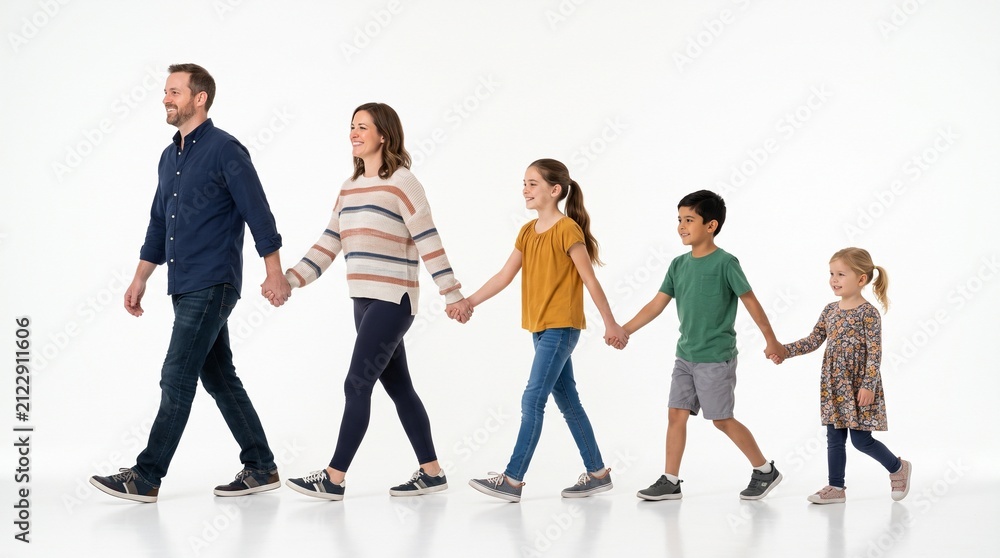 Obraz premium Diverse family of five walking hand in hand across a white background