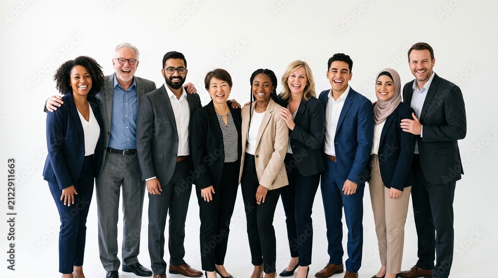 Obraz premium Diverse group of smiling professionals in business attire standing together against a white background