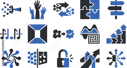 Business Strategy and Teamwork Vector Icon Set for Problem Solving, Analytics, Data Flow, and Project Management UI
