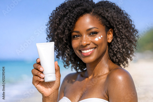 Woman applying sunscreen at beach