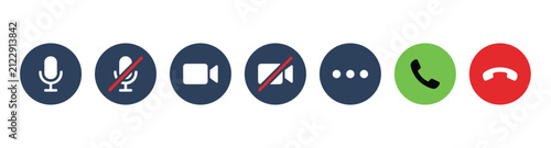 Video Conference Interface Icons: A set of intuitive icons representing microphone mute, video off, and call functions, common in online meeting platforms.