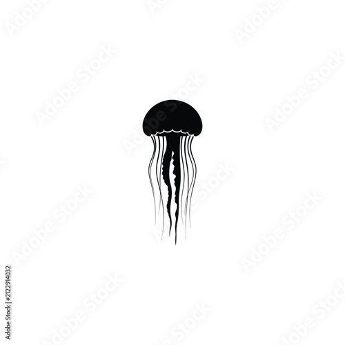 Black Jellyfish Silhouette Illustration, Minimalist Marine Life Icon Isolated on White Background, Aquatic Sea Creature Vector Graphic for Ocean and Environmental Design Projects.