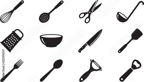 A collection of assorted kitchen utensils and cooking tools presented in a clean and minimalist black and white icon set silhouette