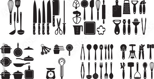 Set of various kitchen utensils and cooking tools represented as a detailed collection of black icons in a flat graphic design silhouette