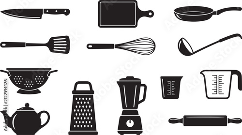 A collection of various kitchen utensils and cooking equipment presented in a clean and simple black and white graphic design silhouette