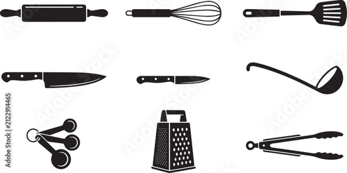 A collection of various kitchen cooking utensils and baking tools displayed as a set of flat black icons in a minimalist silhouette