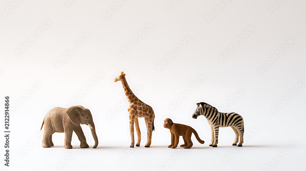 Naklejka premium A lineup of diverse toy safari animals including an elephant, giraffe, monkey, and zebra, standing together on a clean white background