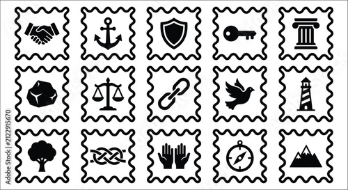 Foto Collection Of Black Silhouette Icons Featuring Handshake Anchor Shield Key And M