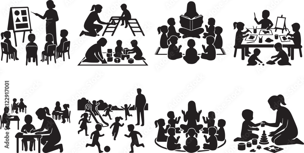 Obraz premium Kindergarten daycare school learning activities with teacher and children black vector icon set isolated on white