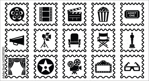 Bild auf Leinwand Film Industry Icon Set Black And White Pictograms In Decorative Stamp Frames cin