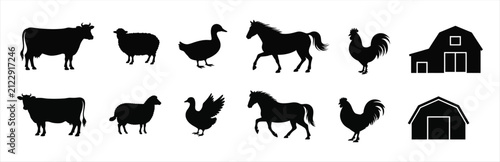Konstfotografi Silhouettes of various farm animals and a barn on white background