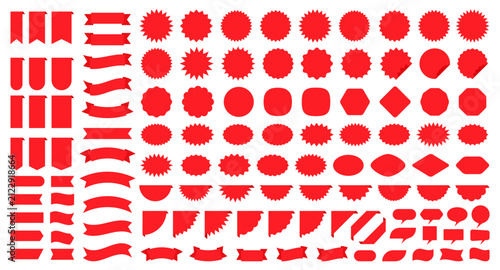 Red tag product labels, ribbons. Burst price boxes. Callout stickers. Discount promo stamps. Circle, corner, cloud badges. Set starburst shapes isolated on white background. Vector illustration.