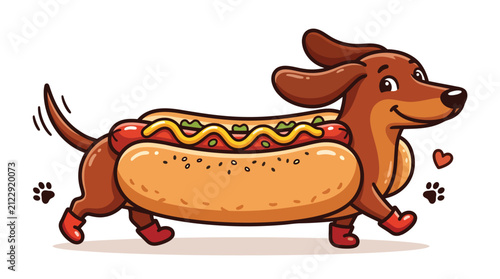 Funny dachshund hot dog cartoon vector illustration isolated on white background for food branding, pet humor and playful restaurant marketing