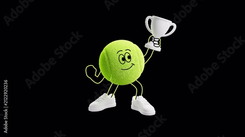 Tennis ball champion raising a trophy in a vibrant 3D/2D style. Seamless alpha-channel loop for victories, tournaments, sports promos, and broadcasts.