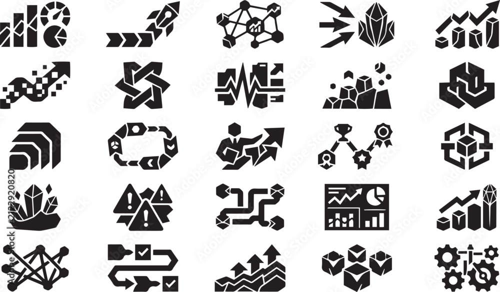 Fototapeta premium Modern Minimalist Glyph Icons Collection for Data Science, Rocket Launch Startup, Market Trend, and Executive Dashboard