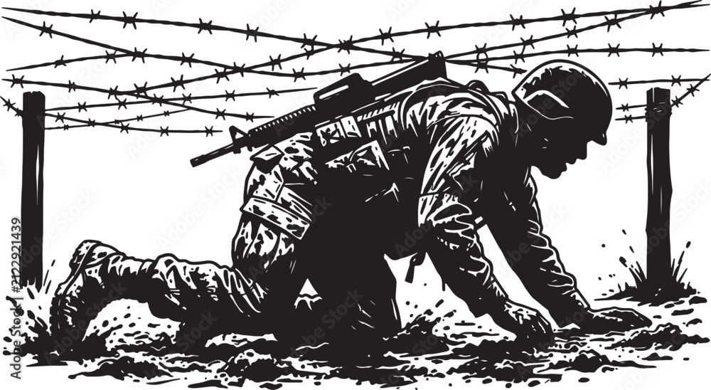 Obraz premium Armed soldier crawling under barbed wire obstacle in mud vector illustration for tactical infantry training.