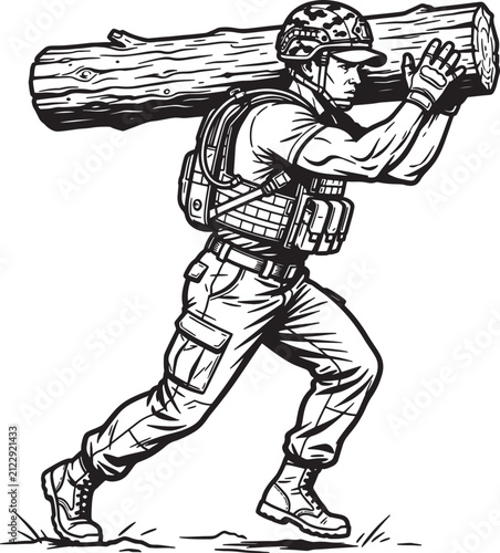 Принти на полотні Soldier carrying heavy log on shoulder during intense fitness training vector illustration for military drill
