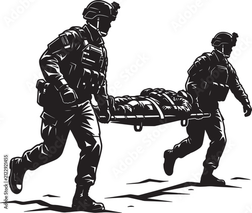 Two soldiers in tactical gear transport casualty on stretcher during emergency rescue operation.