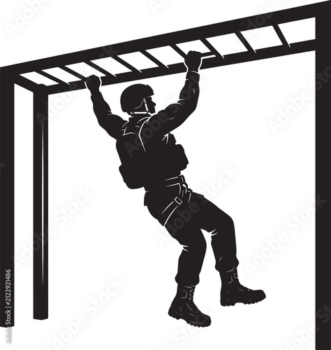Photography Special forces soldier training on monkey bars for military obstacle course challenge athletic challenge