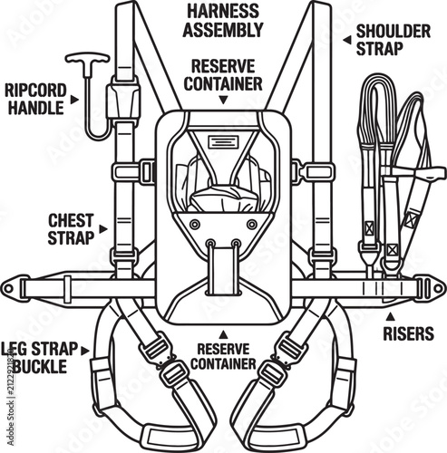 Diagram of parachute harness assembly with labels for reserve container ripcord handle and shoulder straps.