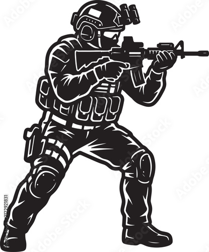Foto Tactical military commando soldier in action aiming rifle vector illustration on transparent background