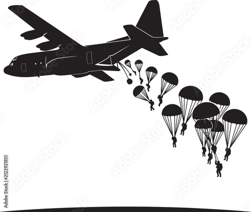 Military transport aircraft c-130 dropping paratroopers with open parachutes vector illustration isolated.