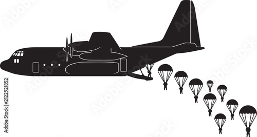 Quadro su tela Military transport aircraft c-130 dropping parachuters paratroopers vector illustration isolated