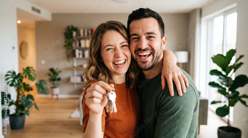 Naklejka premium Joyful Caucasian couple holding keys to new house after mortgage approval. Happy young husband and wife celebrating real estate investment, buying first home and relocation in apartment.