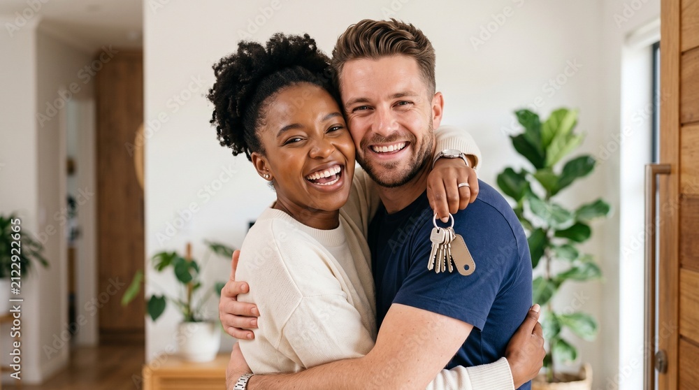 Obraz premium Happy diverse interracial couple holding keys to their new house, celebrating mortgage loan approval at open door. Cheerful young black woman and caucasian man buying first property together.