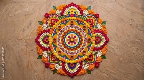 Colorful rangoli design with diyas and marigold flowers on marble floor