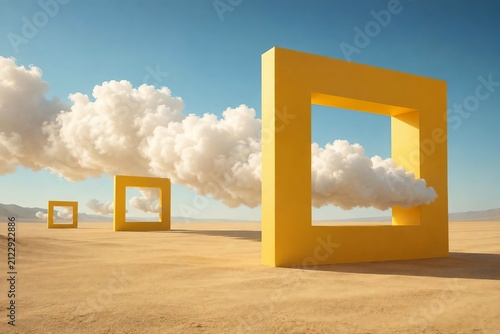 Surreal minimalist 3D render featuring a vast desert landscape with oversized yellow geometric square portals framing soft floating clouds beneath a clear blue sky. Modern abstract composition with cl