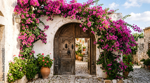 Stone archway features an ancient wooden door surrounded by vibrant blooming bougainvillea flowers and terracotta pots in a quiet Mediterranean village street under a clear blue sky during the summer.