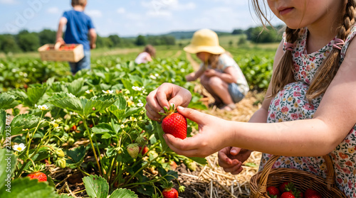 Children harvest fresh strawberries in a sunny farm field during a bright summer day while filling wooden baskets with ripe red fruit and enjoying outdoor activities in the countryside together with.